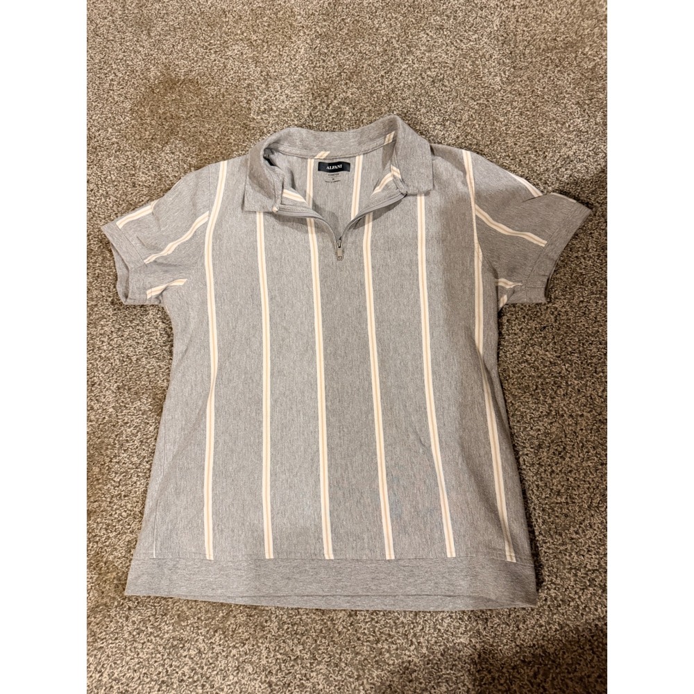 Alfani Mens Grey Striped Quarter Zip Polo Shirt Stretch Short Sleeve Size M